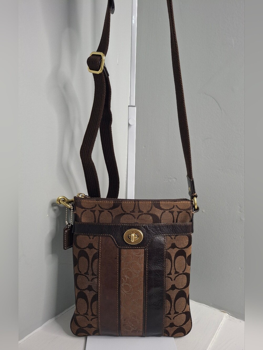 Coach Signature Stripe Turnlock Crossbody Bag Brown Jacquard Leather Trim